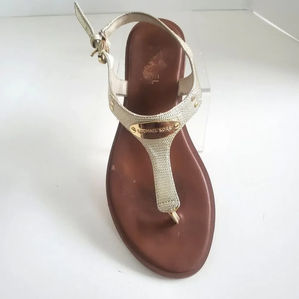 Michael Kors MK Plate Women's Thong Sandals Size 8M Gold Leather Ankle Strap
